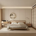 Minimalist Modern Bedroom Interior With Wooden Elements Round Decorative Painting Sliding Doors And Rug