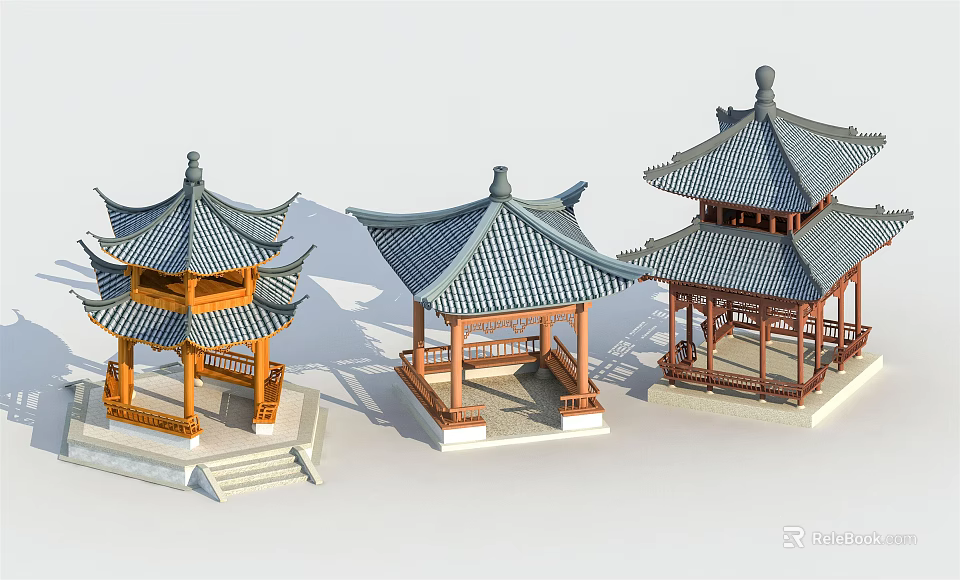 Three Traditional Chinese Pavilion 3D Models Featuring Classic Roof And Wooden Structures 3d model 