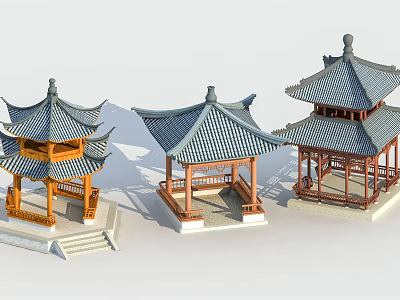 Three Traditional Chinese Pavilion 3D Models Featuring Classic Roof And Wooden Structures 3d model