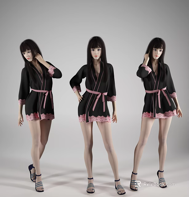 Woman Wearing Black Robe With Pink Lace Trim In Three Standing Poses 3d model 