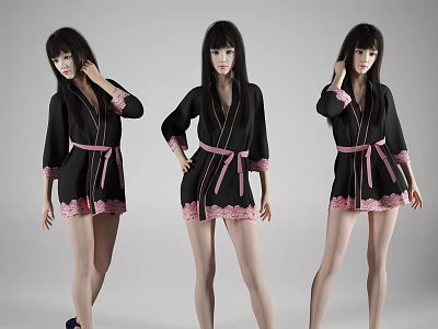 Woman Wearing Black Robe With Pink Lace Trim In Three Standing Poses 3d model