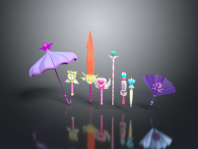Decorative Fantasy Weapons with Star Flower Gem Umbrella Sword Wand and Fan Designs 3d model