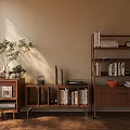Warm Wooden Sideboards With Open Shelves Books Decorations Potted Plant And Natural Light