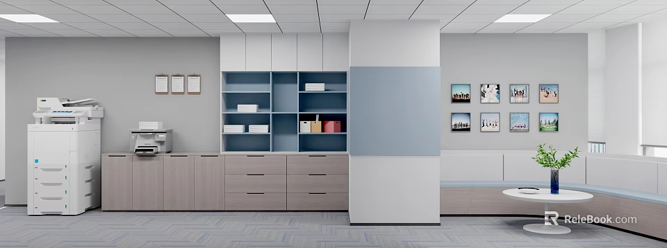 Modern Office Interior With White Gray Cabinets Bookshelves And Blue Carpet 3d model 