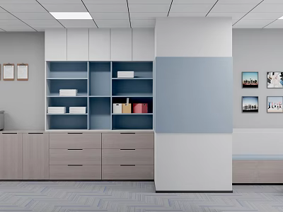 Modern Office Interior With White Gray Cabinets Bookshelves And Blue Carpet 3d model