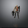 Bald Warrior Character With Red Tattoos Mechanical Arm Large Weapon And Tattered Combat Outfit