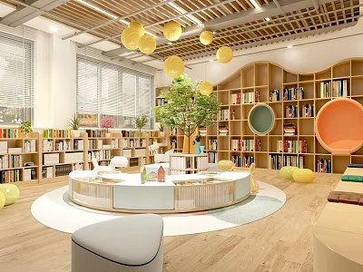 Book Art Themed Children's Reading Space With Wooden Bookshelves Round Table And Yellow Pendant Lights 3d model