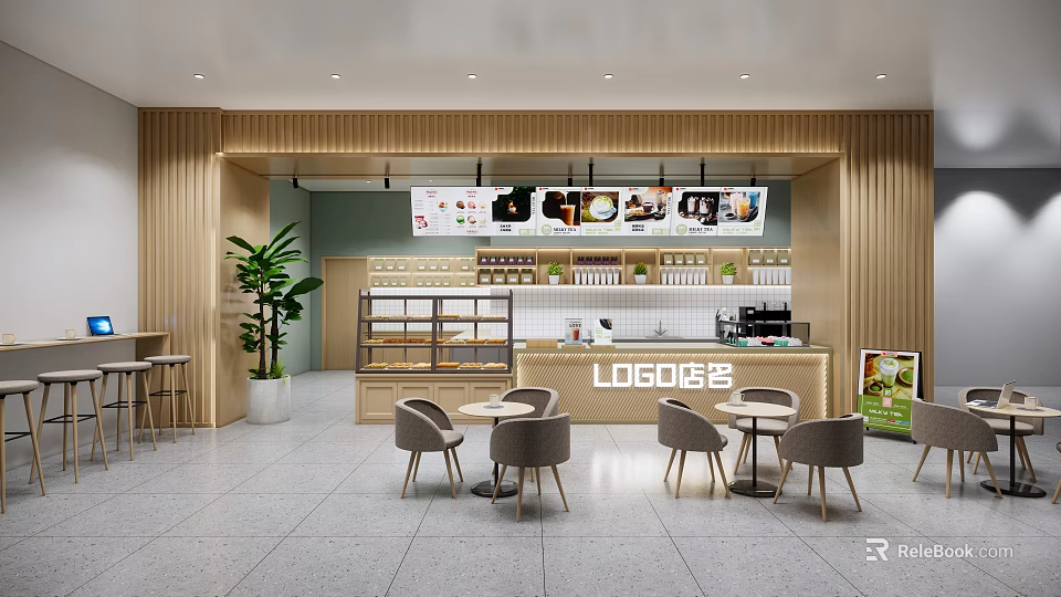 Modern Bubble Tea Shop Interior Design With Counter Tables Chairs And Menu 3d model