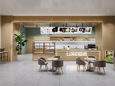 Modern Bubble Tea Shop Interior Design With Counter Tables Chairs And Menu 3d model