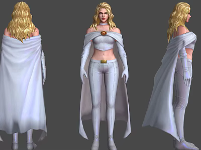 Game Movie Character With Blonde Hair White Costume Cloak And Bodysuit Three Angles View 3d model