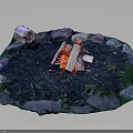 Outdoor Campfire Scene With Circular Stone Circle Small Cabin And Green Grass