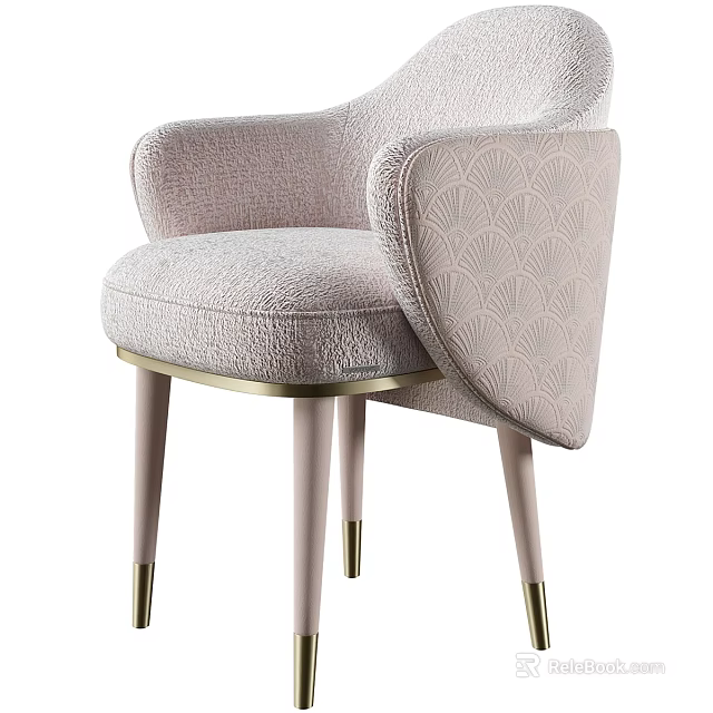 Elegant Upholstered Armrest Dining Chair With Light Pink Fabric Scalloped Backrest And Gold Metal Legs 3d model 