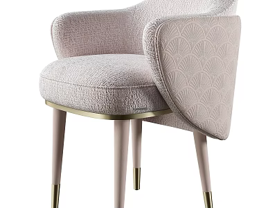 Elegant Upholstered Armrest Dining Chair With Light Pink Fabric Scalloped Backrest And Gold Metal Legs 3d model