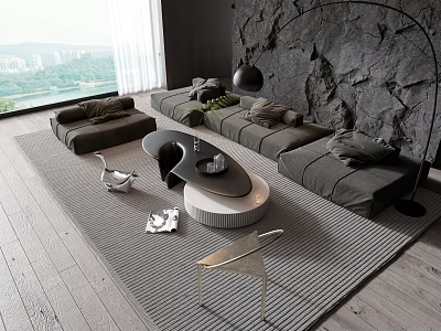 Modern Sofa Coffee Table Set With Stone Wall Plush Pillows Floor Lamp And Textured Rug 3d model