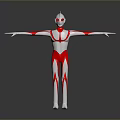 3D Ultraman Model With Red And White Suit Extended Arms On Black Background