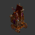 Vintage Fantasy Wooden Wheeled Hut Cart Decorated With Colorful Fabric And Hanging Bells