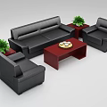 Black Leather Sofa and Coffee Table Set with Red Table Tray Cups Side Tables Plants 3d model