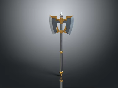 Fantasy Style Double Bladed Axe With Golden Accents And Metal Shaft 3d model