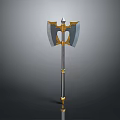 Fantasy Style Double Bladed Axe With Golden Accents And Metal Shaft