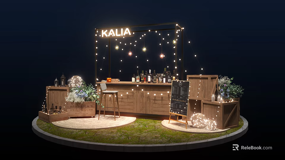KALIA Outdoor Bar Setup With String Lights Wooden Counter And Decorations 3d model