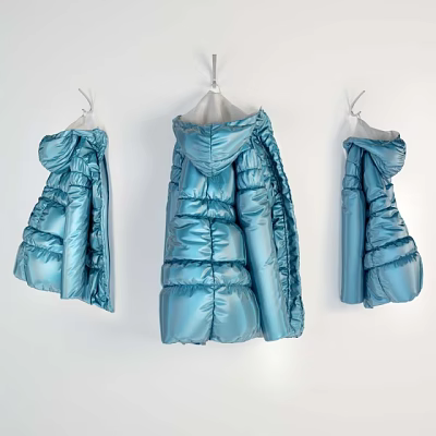 Three Blue Down Jackets Hanging Showing Front Back And Side Views 3d model