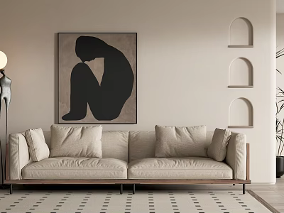 Beige Sectional Sofa In Modern Living Room With Abstract Painting Arched Niches And Floor Lamp 3d model