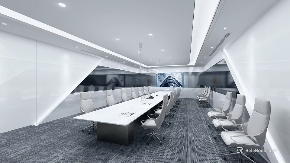 Modern Conference Room Interior Design With Long Table White Chairs And Ceiling Lighting 3d model 