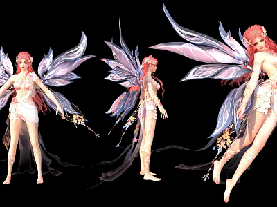 Fantasy Game Movie Character with Pink Hair Colorful Wings Elegant White Outfit Flowing Decorations 3d model