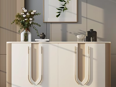 Modern Entryway Console Table With White Finish Golden Handles Decorative Vase Green Plants Wall Art 3d model
