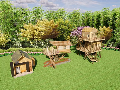 Wooden Homestay Buildings in Natural Surroundings With Green Lawn and Trees 3d model