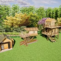 Wooden Homestay Buildings in Natural Surroundings With Green Lawn and Trees