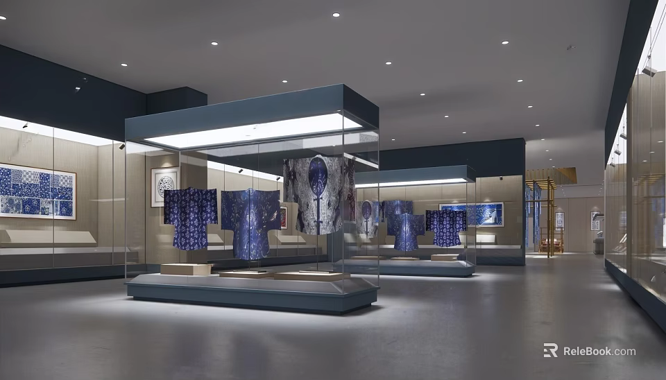Illuminated Museum Exhibition Hall With Glass Display Cases Showing Traditional Blue White Textiles 3d model 