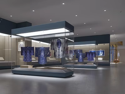 Illuminated Museum Exhibition Hall With Glass Display Cases Showing Traditional Blue White Textiles 3d model