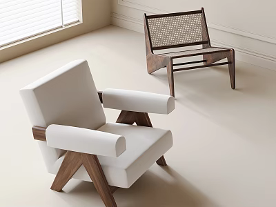 Modern Leisure Chairs With White Upholstery Wooden Frame And Woven Back In Bright Room 3d model