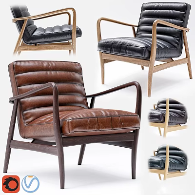 Modern Leather Leisure Chairs with Wooden Legs for Living Room Decor 3d model