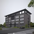 Modern Multi Storey Industrial Factory Building With Large Glass Windows Surrounding Greenery And Parking Area