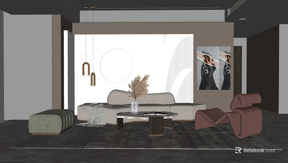 Elegant Modern Living Room Sofa Coffee Table Set With Armchair Rug And Wall Art 3d model 