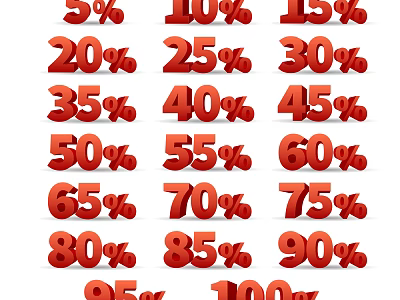 Stylish Wall Decor Featuring Red Percentage Numbers From 5 To 100 Percent 3d model