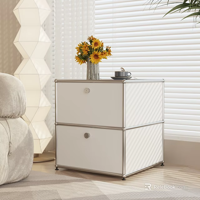 White Bedside Table With Two Drawers Sunflower Bouquet And Tea Cup By Window Blinds 3d model 