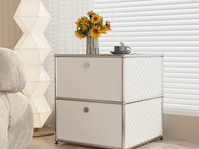 White Bedside Table With Two Drawers Sunflower Bouquet And Tea Cup By Window Blinds 3d model