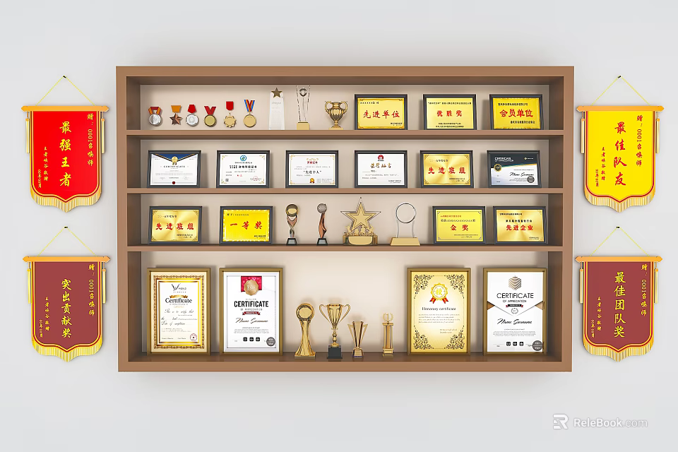 Trophies and Medals Display on Wooden Shelf with Certificates Red Banners 3d model 