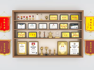 Trophies and Medals Display on Wooden Shelf with Certificates Red Banners 3d model