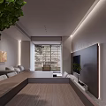 Minimalist Elegant Living And Dining Room Interior With Beige Sofa Black Coffee Table And Artwork
