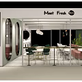 Modern Dessert Shop Interior With Green Pink Accents Chic Tables Chairs And Pendant Lights