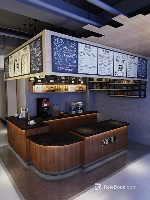 Coffee Shop Interior With Chalkboard Menu Boards Wooden Counter Coffee Sign And Machines 3d model 