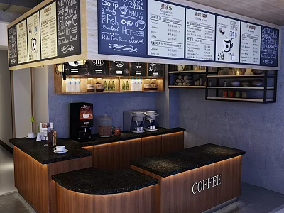 Coffee Shop Interior With Chalkboard Menu Boards Wooden Counter Coffee Sign And Machines 3d model