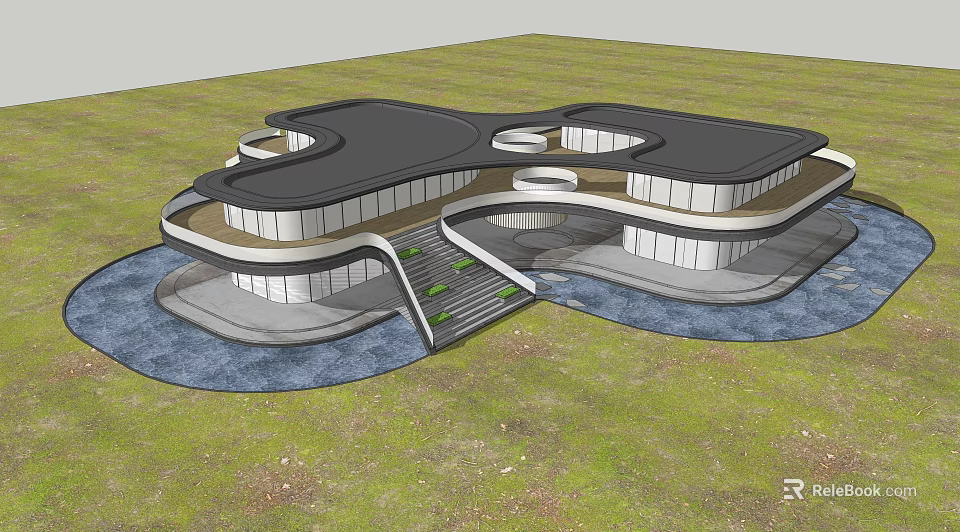 Modern Irregular Architectural Design With Circular Roofs Near Waterfront And Grassland Surroundings 3d model