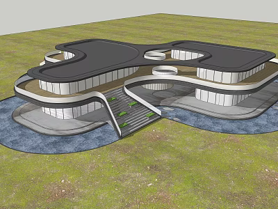 Modern Irregular Architectural Design With Circular Roofs Near Waterfront And Grassland Surroundings 3d model
