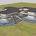 Modern Irregular Architectural Design With Circular Roofs Near Waterfront And Grassland Surroundings 3d model
