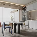 Modern Open Restaurant Kitchen Area With Dining Table Chairs Cabinets And Plants